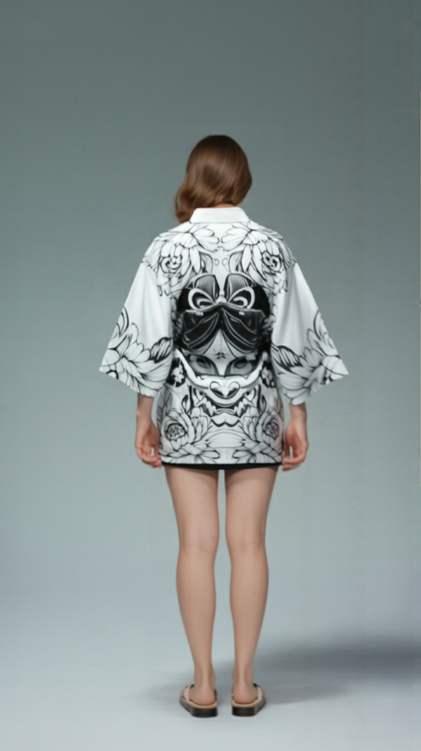 Oni Mask & Peony Kimono Jacket – Open-Front Drape