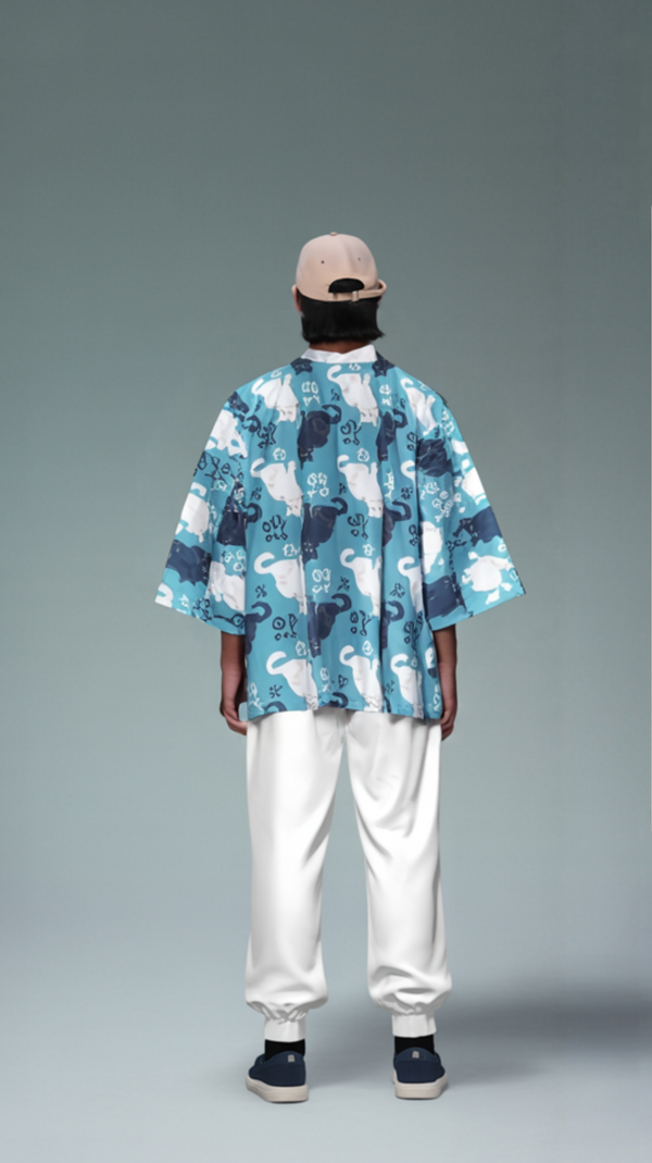 Teal Cat-Pattern Kimono Cardigan – Open Drape