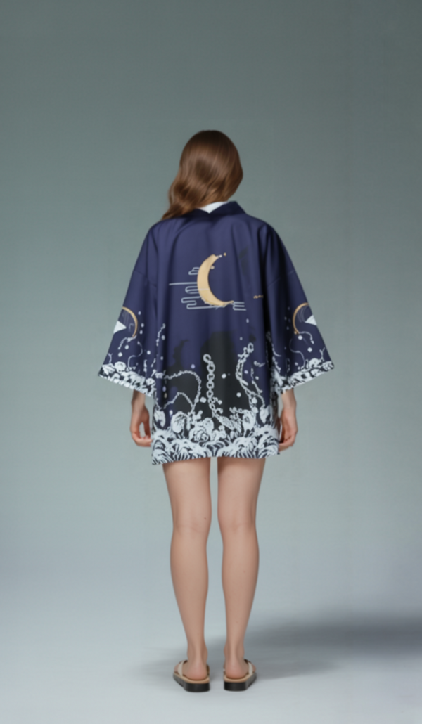 Midnight Ocean Kimono Jacket – Open-Front Drape