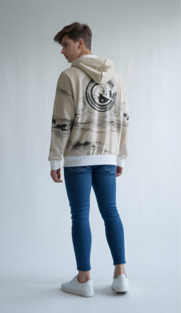 Person wearing a beige hoodie with a graphic design on the back, standing against a plain background.