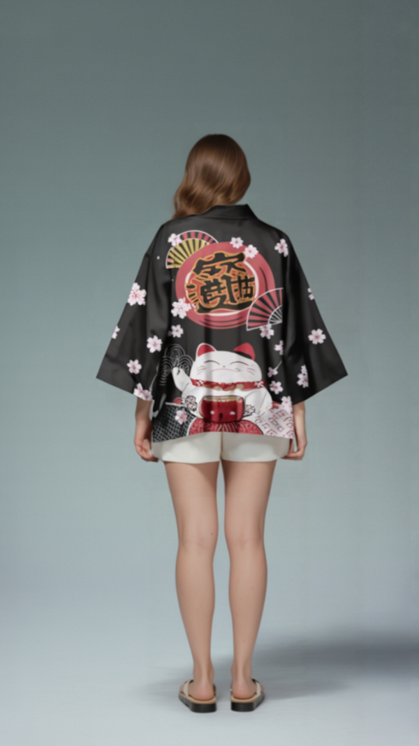 Lucky Cherry Cat Blossom Kimono – Open-Front Drape