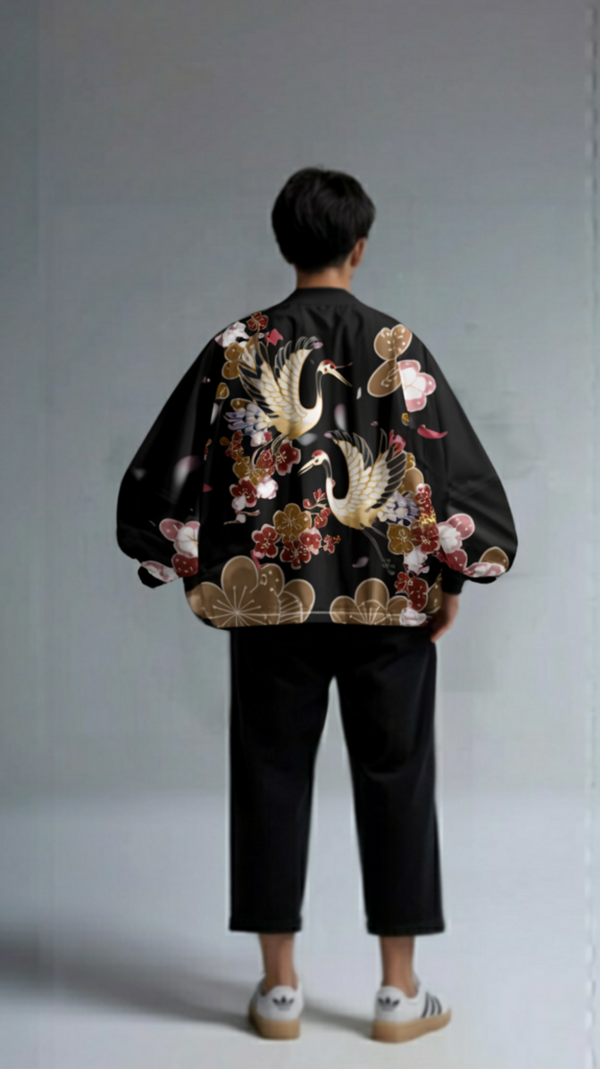 Crane Embroidered Black Kimono - – Crane