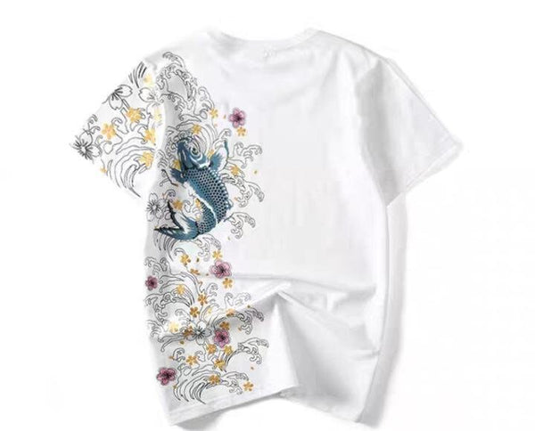 Carp Fish Embroidered Japanese T Shirt - Medium