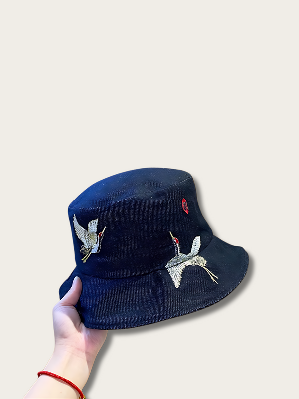 Embroidered Crane Denim Bucket Hat - #0000ff:Blue
