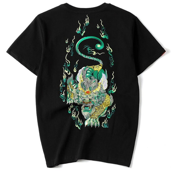 Guardian Lion Embroidery Japanese T Shirt - Medium