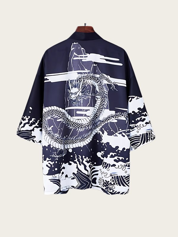 Mystic Dragon Haori Kimono Cardigan - #0000ff:Blue