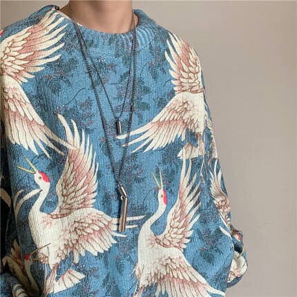 Printed Crane Harajuku Japanese Sweater - Small