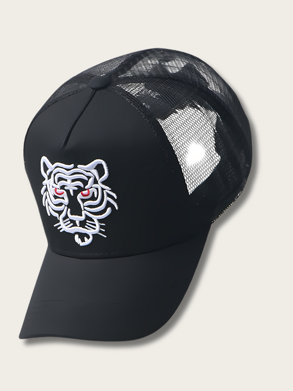 Tiger Embroidered Japanese Trucker Cap - #ffffff:White