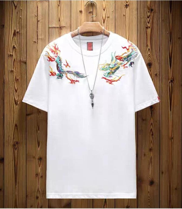 Fire Dragon Embroidered Japanese T Shirt - Medium