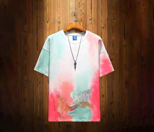Tie Dye Embroidered Whale Japanese T Shirt - Medium