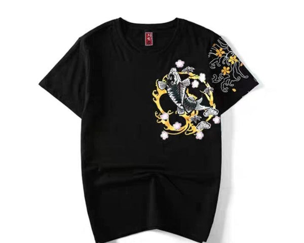 Carp Fish Embroidered Japanese T Shirt - Medium