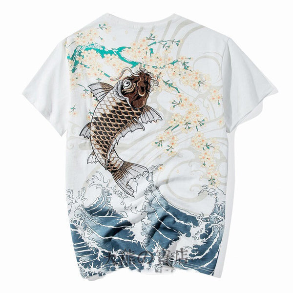 Retro Embroidered Koi Japanese T Shirt - Medium