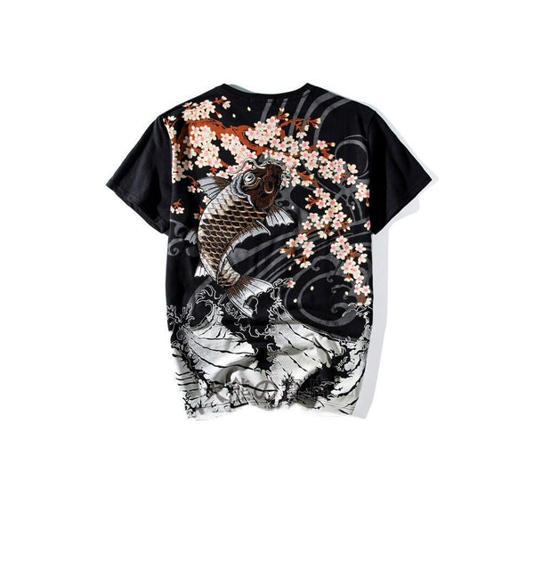 Retro Embroidered Koi Japanese T Shirt - Medium