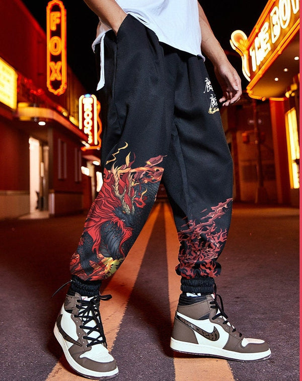 Fire Black Dragon Printed Casual Japanese Pants - Medium