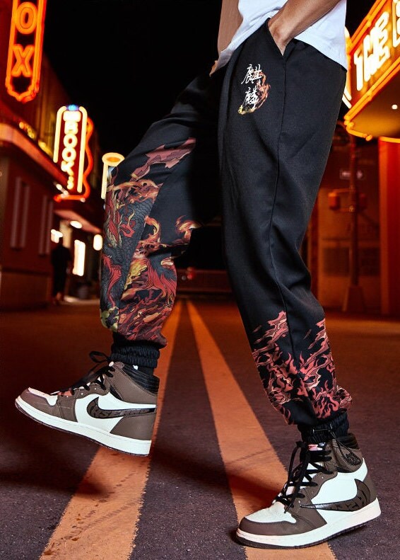 Fire Black Dragon Printed Casual Japanese Pants - Large