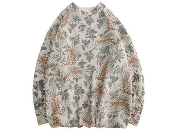Printed Crane Harajuku Japanese Sweater - Small