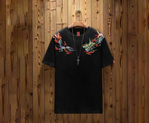 Fire Dragon Embroidered Japanese T Shirt - Medium