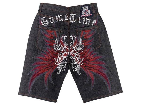 Devil Wings Embroidered Denim Japanese Shorts - 30