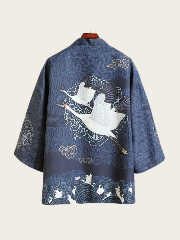 Crane & Waves Elegant Kimono Cardigan - Medium