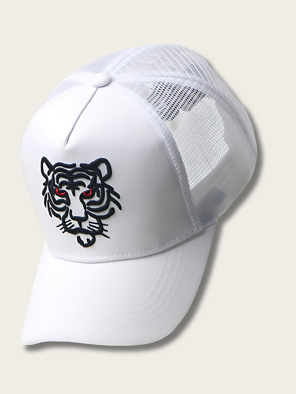 Tiger Embroidered Japanese Trucker Cap - #000000:Black