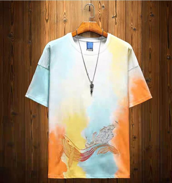 Tie Dye Embroidered Whale Japanese T Shirt - Medium