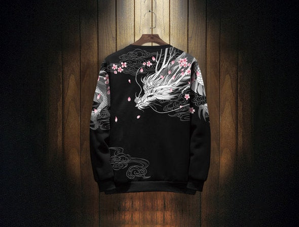 Dragon Sakura Print Japanese Modern Sweater - XS
