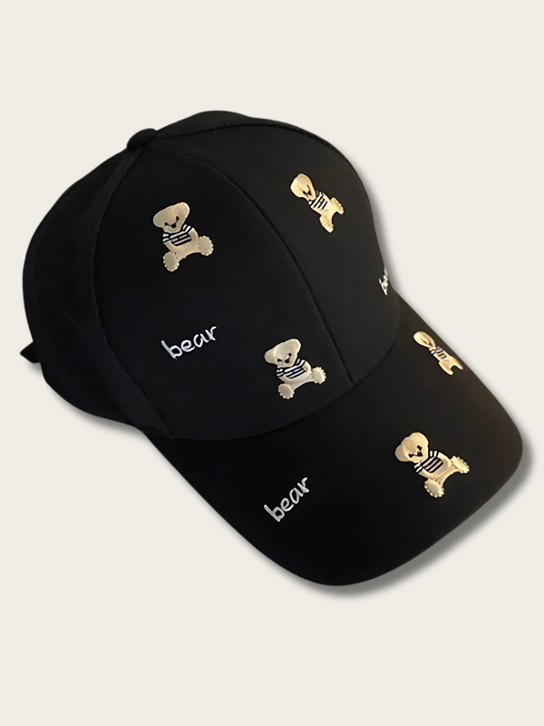 Printed Kawaii Bear Japanese Cap - Black