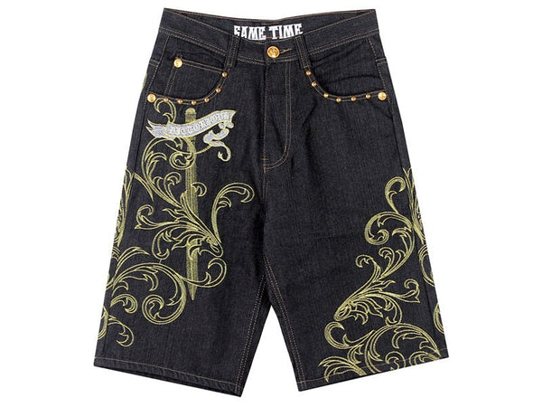 Leaves Design Embroidered Denim Japanese Shorts - 30