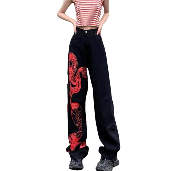 Red Snake Printed Japanese Streetwear Pants - Medium