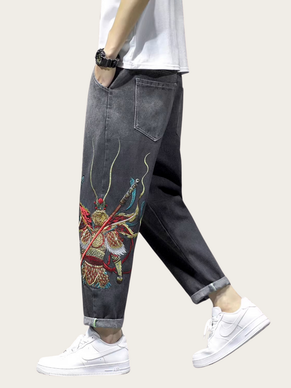 Monkey King Embroidered Japanese Ankle Pants - 28