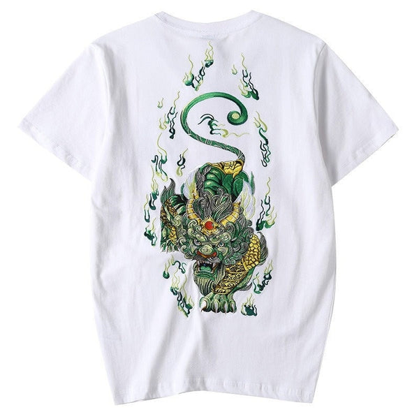 Guardian Lion Embroidery Japanese T Shirt - Medium