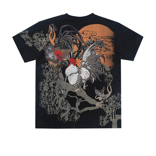 Rooster Embroidered Design Japanese T Shirt - Medium