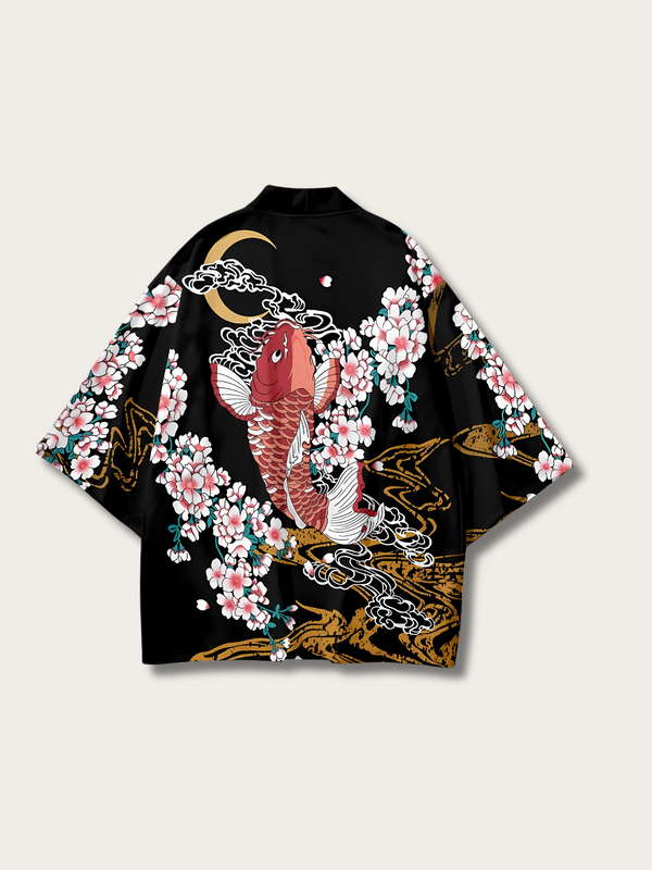 Golden Koi Blossom Kimono Cardigan - M