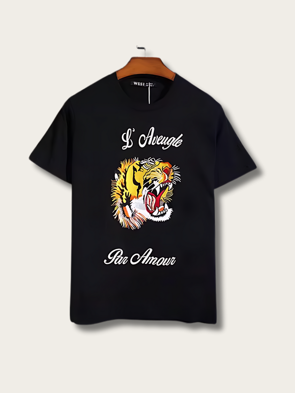 Embroidered Roaring Tiger Black T-Shirt - Small