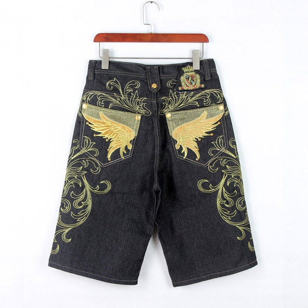 Leaves Design Embroidered Denim Japanese Shorts - 32