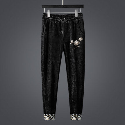 Black Pattern Lotus Flower Japanese Pants - Large