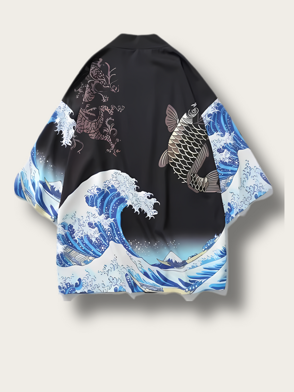 The Great Wave off Kanagawa & Koi Kimono Cardigan - Medium