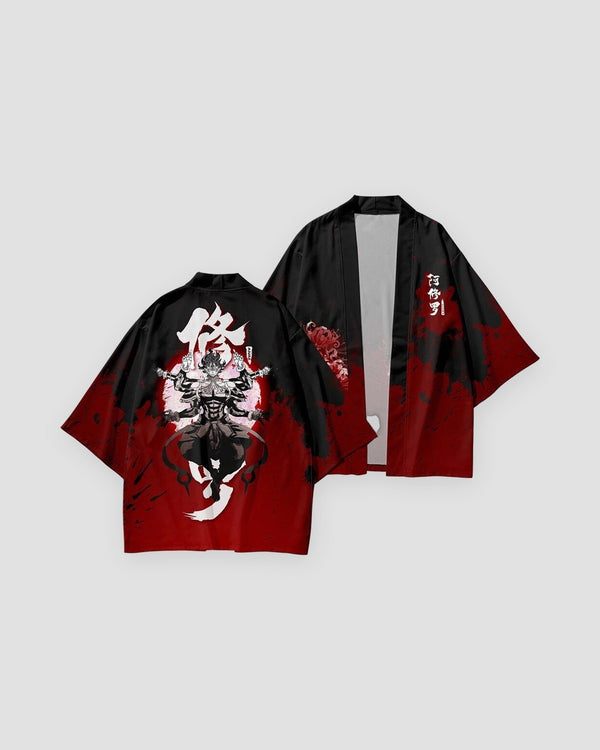 Black haori jacket with red ink splashes shown open at the front and from the back, with a white character and an asura