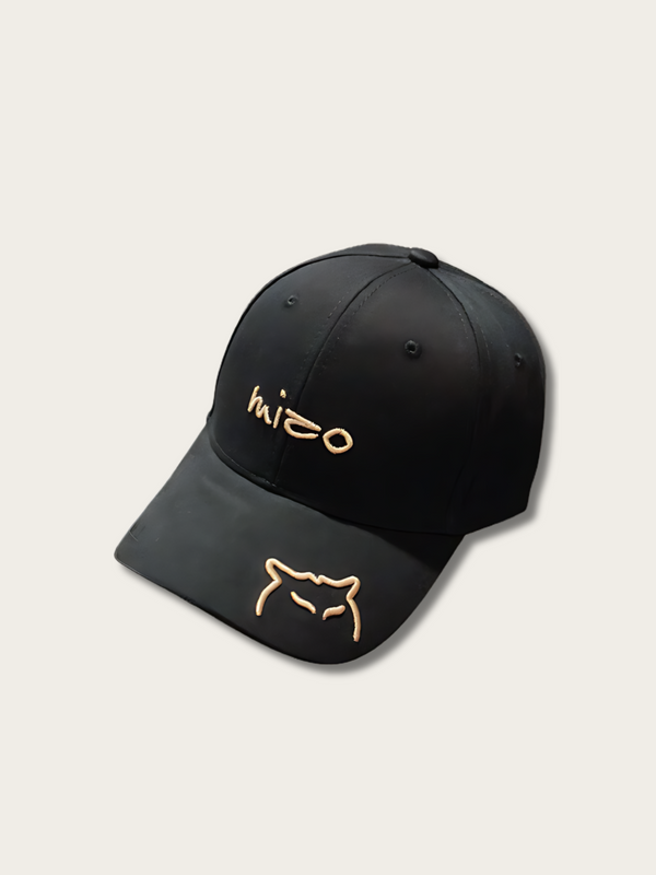 Classic Cat Embroidery Japanese Cap - Black