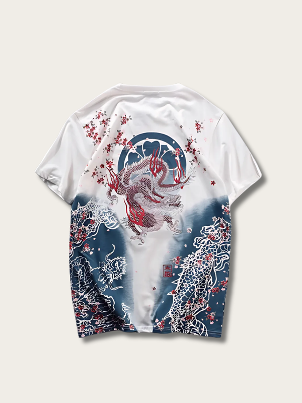 Celestial Dragon Blossom Japanese T Shirt - White