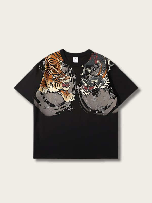 Tiger Lion Embroidered Japanese T Shirt - Medium
