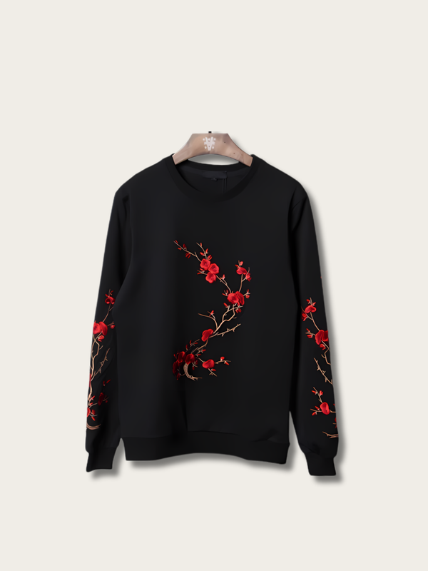 Embroidered Crimson Blossom Japanese Sweatshirt - Medium