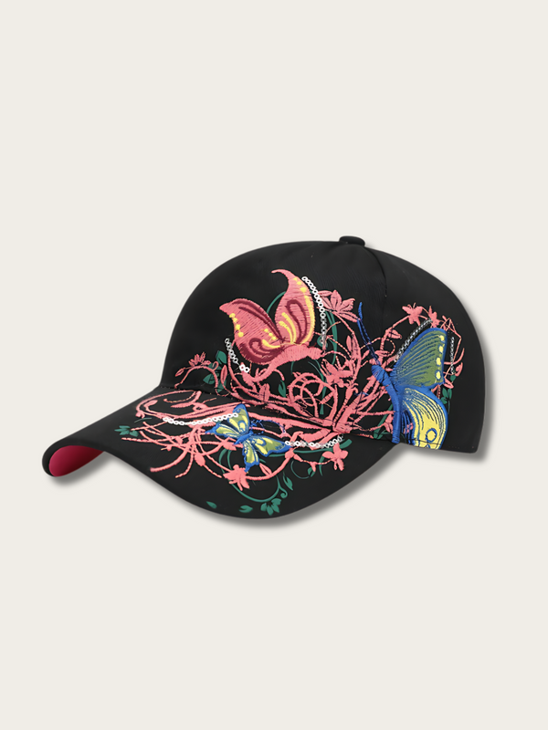 Floral Butterfly Japanese Baseball Cap - Black