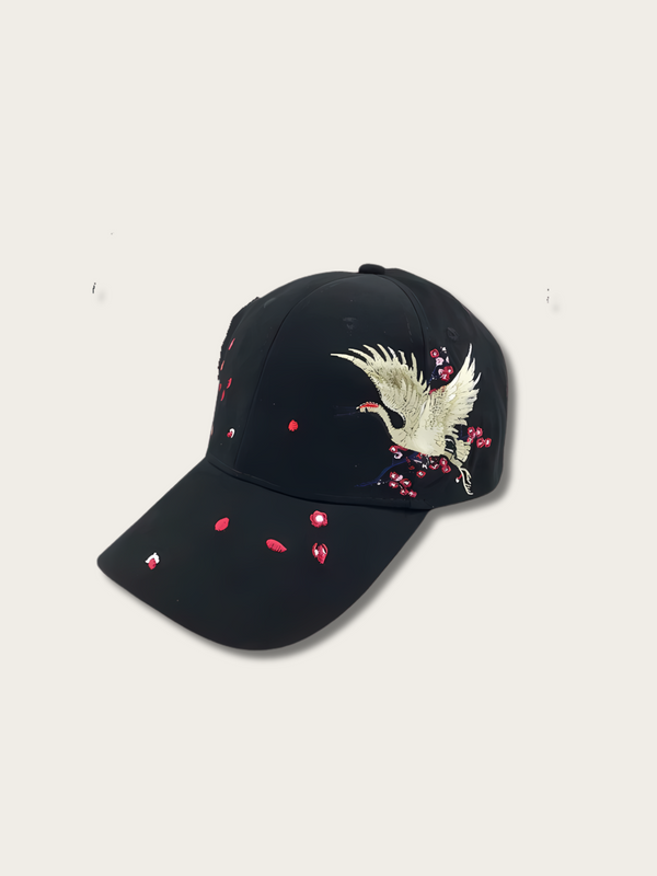 Cherry Cranes Embroidered Japanese Cap - Black