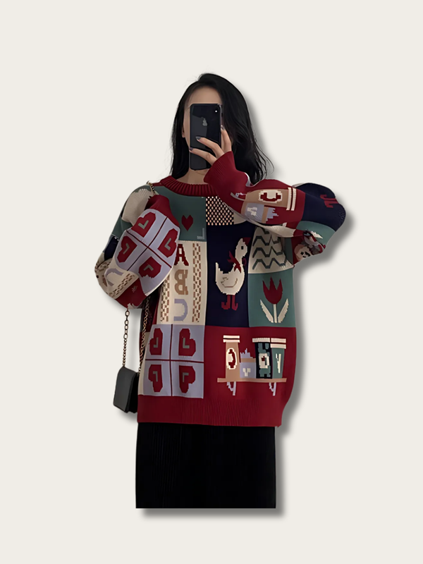 Pastoral Patchwork Japanese Knit Sweater - Blue