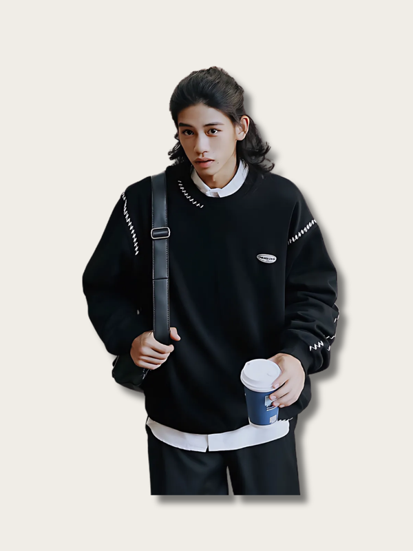 Monochrome Stitch Minimalist Japanese Sweater - Medium