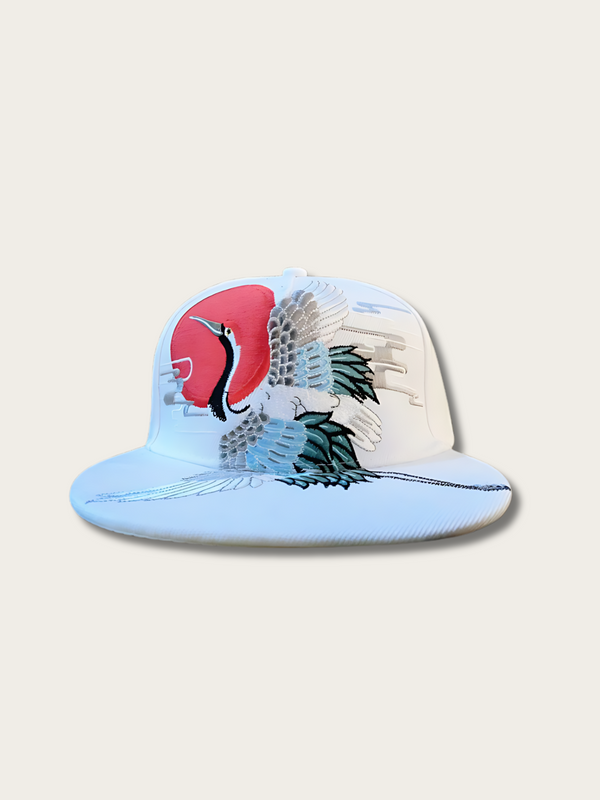 Printed Crane Design Japanese Cap - Blue