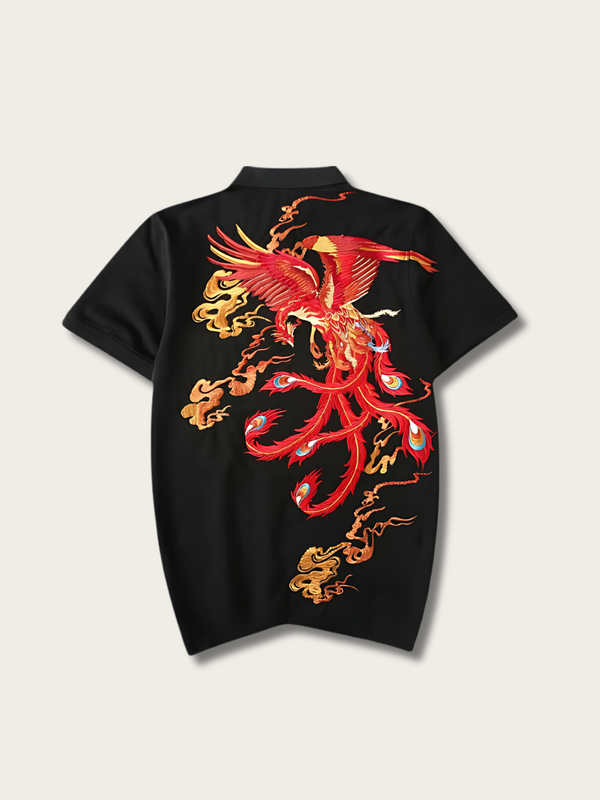 Red Phoenix Embroidered Japanese T Shirt - Medium