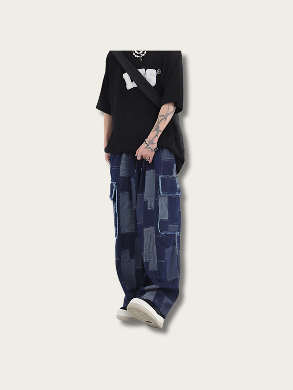Patch Denim Japanese Streetwear Pants - Medium