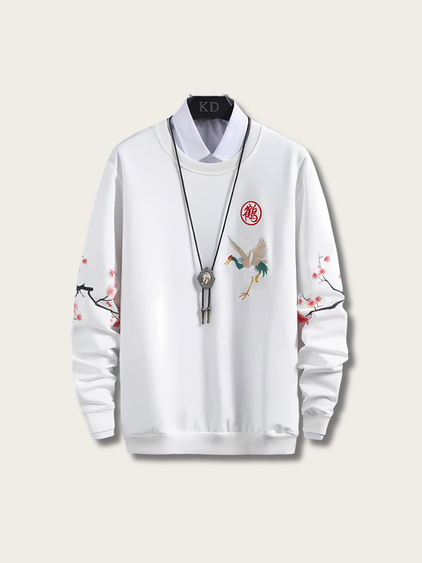 Elegant Crane Embroidered Japanese Sweater - Medium